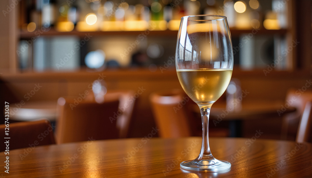 Wine glass on a wooden table in a cozy bar setting for blogs, websites, beverage-themed designs, restaurant menus, and social media promotions Wine glass on a wooden table in a cozy bar setting for blogs, websites, beverage-themed designs, restaurant menus, and social media promotions