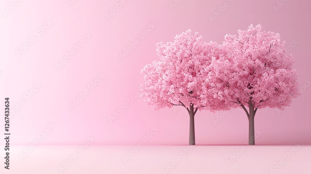 Fototapeta premium Cherry blossom trees, soft pink petals falling in spring breeze, 3D illustration