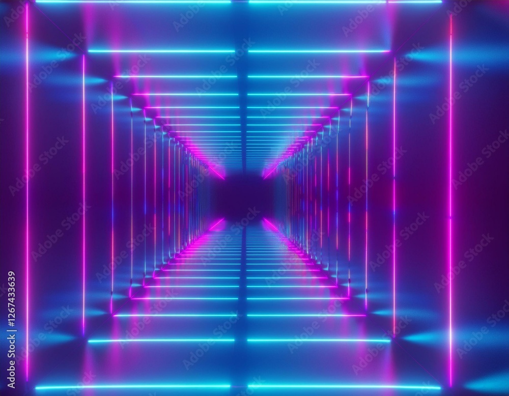 Abstract flying in futuristic corridor, fluorescent ultraviolet light, glowing colorful laser neon lines, geometric endless tunnel, blue pink spectrum, 3d illustration. Abstract flying in futuristic corridor, fluorescent ultraviolet light, glowing colorful laser neon lines, geometric endless tunnel, blue pink spectrum, 3d illustration.