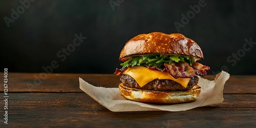 Bacon Cheeseburger with Cheese, Bacon, and Arugula on a Pretzel Bun and Parchment Paper: A Close-Up Food Photography Image
