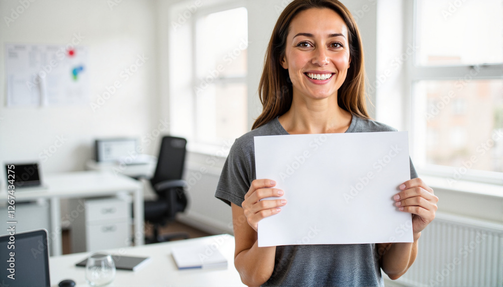 Smiling woman holding blank paper in modern office for blogs, websites, marketing materials, promotional content, and business presentations Smiling woman holding blank paper in modern office for blogs, websites, marketing materials, promotional content, and business presentations