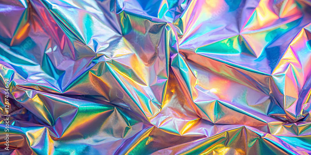 Reflections of vibrant colors dance across a crumpled metallic surface, highlighting the unique textures and adding depth to the visual experience Reflections of vibrant colors dance across a crumpled metallic surface, highlighting the unique textures and adding depth to the visual experience