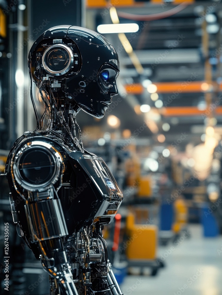 A humanoid robot working in an advanced factory setting, highlighting automation and the future of manufacturing. A humanoid robot working in an advanced factory setting, highlighting automation and the future of manufacturing.