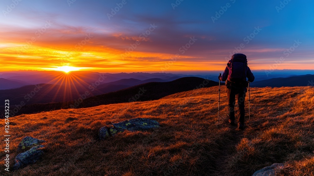 Obraz premium Silhouette of a hiker on a mountain peak with backpack and trekking poles against a scenic landscape