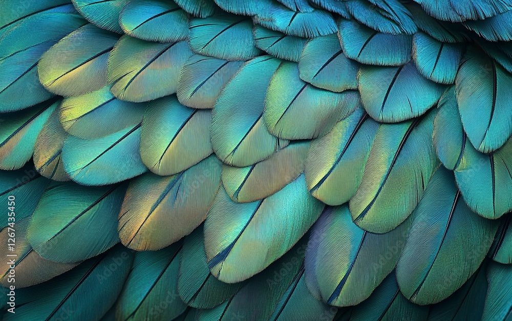 Fototapeta premium Vibrant blue and green parrot feathers close up with detailed texture and iridescent shine from exotic tropical bird plumage for nature and wildlife photography backgrounds