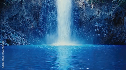 Tropical Waterfall Cascading into Blue Pool