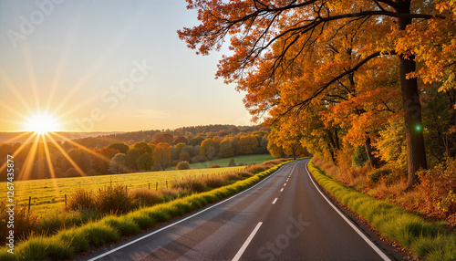 Autumn landscape with sunset rays illuminating a winding road and colorful trees for blogs, travel websites, nature-themed designs, presentations, and outdoor adventure content photo