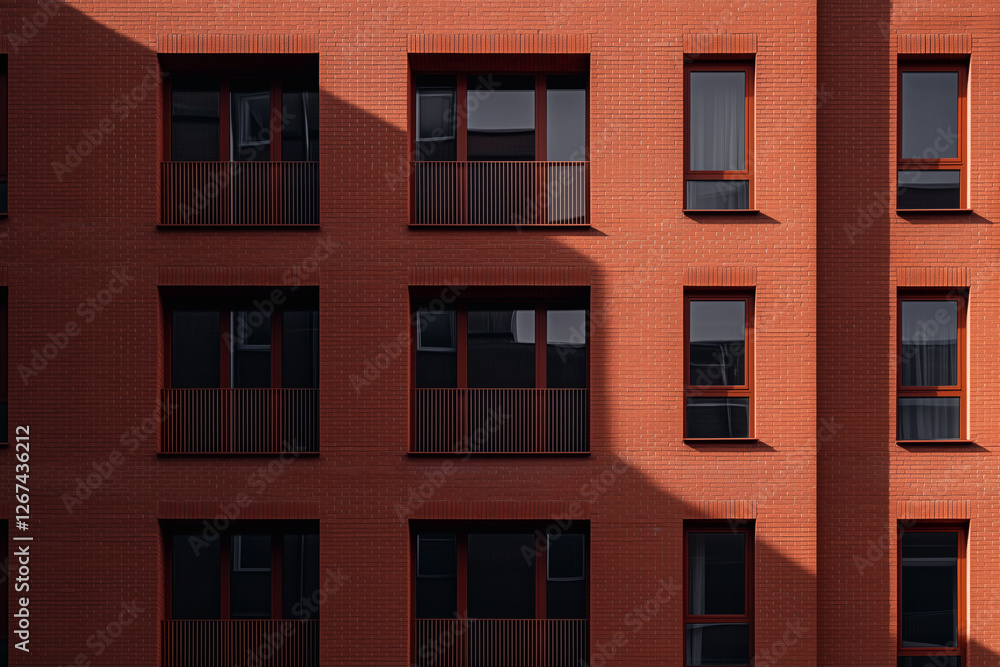 Brick facade with dark windows and sunlight. Brick facade with dark windows and sunlight.