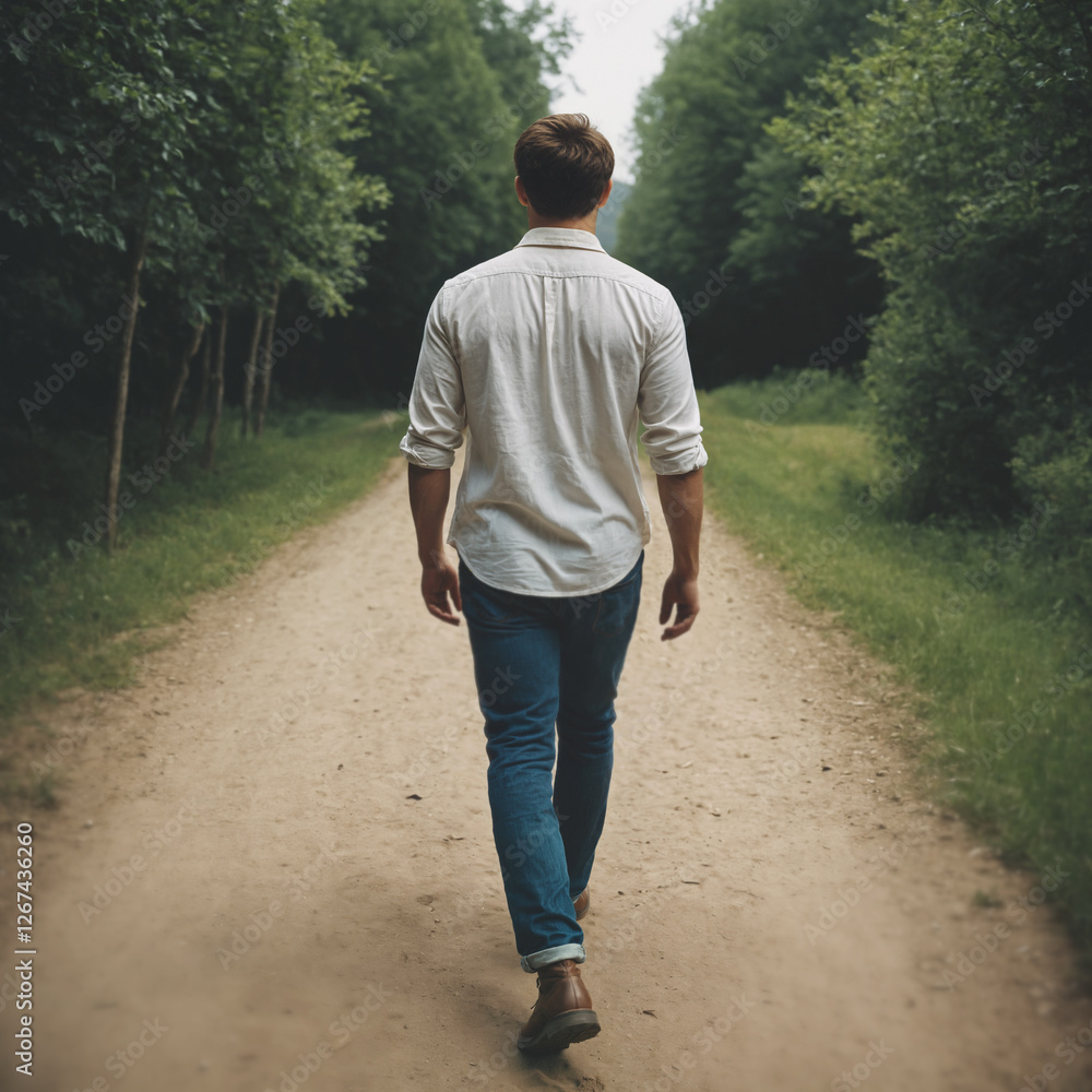 Obraz premium rear-view of man walking in nature on small path near forest or countryside