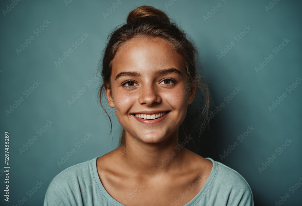 Obraz premium teenage girl smiling warmly against teal background