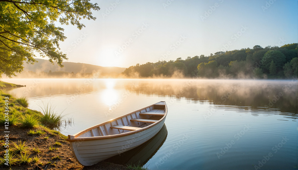 Serene wooden boat resting on misty lake at sunrise for blogs, websites, nature-themed designs, travel articles, relaxation guides, and digital art projects Serene wooden boat resting on misty lake at sunrise for blogs, websites, nature-themed designs, travel articles, relaxation guides, and digital art projects