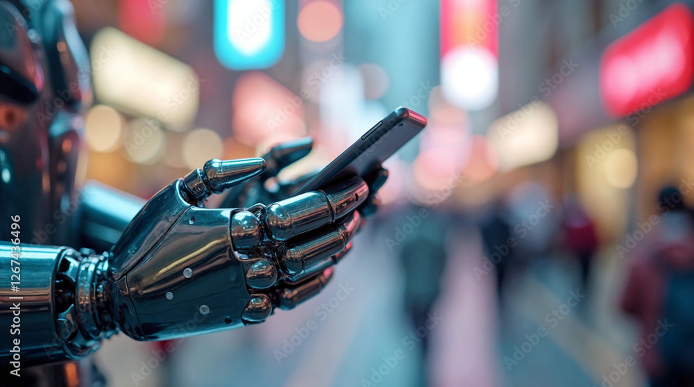 Shiny cybernetic robot hands holding a smartphone in a vibrant cityscape with neon lights. Concept of artificial intelligence, technology, and digital connectivity. Shiny cybernetic robot hands holding a smartphone in a vibrant cityscape with neon lights. Concept of artificial intelligence, technology, and digital connectivity.