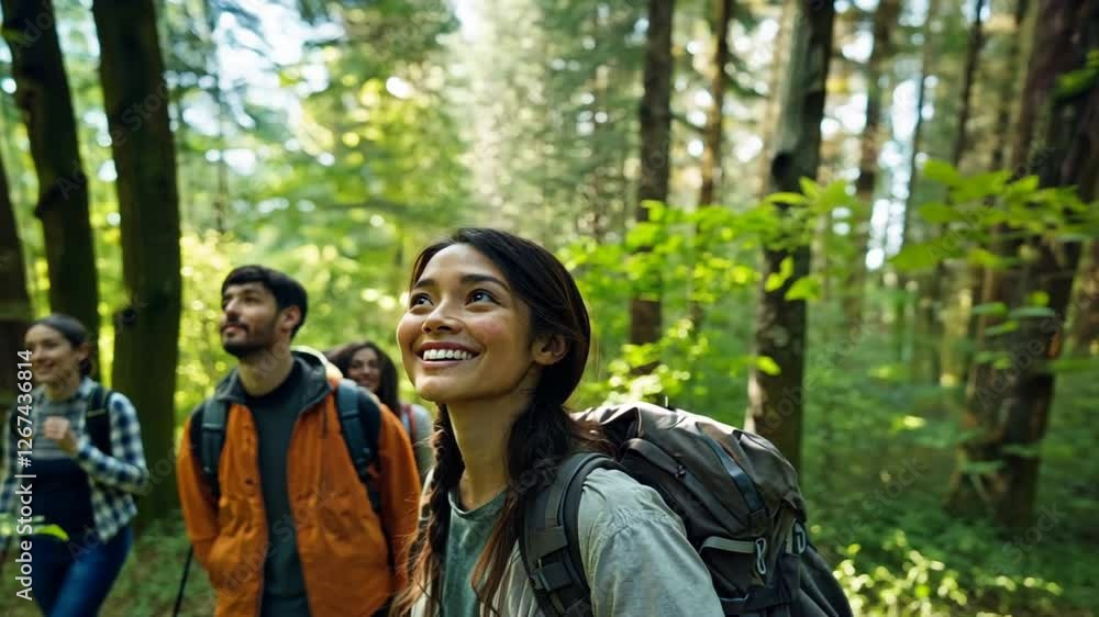 Forest Friends: A group of happy friends embark on an adventurous hike through a lush forest, sunlight dappling through the leaves.