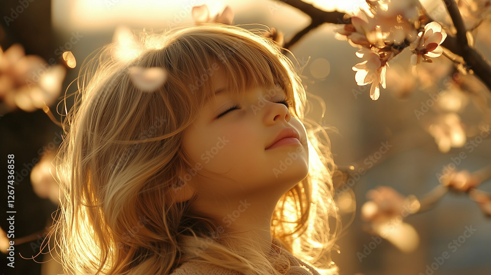 Fototapeta premium Golden-Haired Girl Bathed in Sunlight, Surrounded by Flowers