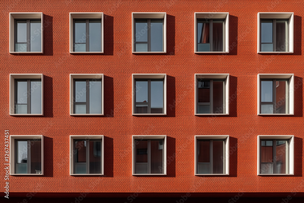 Red brick facade with square windows pattern Red brick facade with square windows pattern