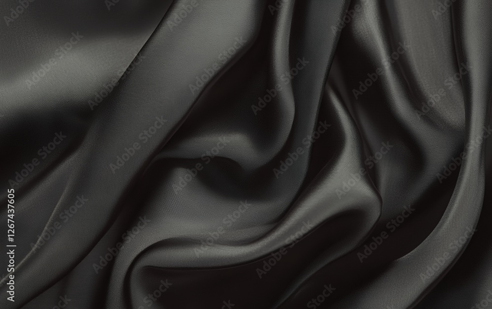 Obraz premium High-quality black satin silk fabric with luxurious draped folds and smooth flowing texture for elegant fashion, interior decor, and modern textile design
