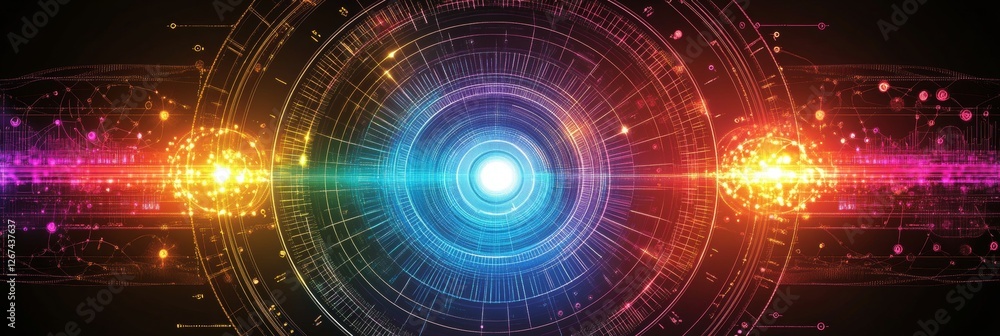 Fototapeta premium Abstract Circular Design, Digital Pathways, Central Blue Light, Futuristic Technology