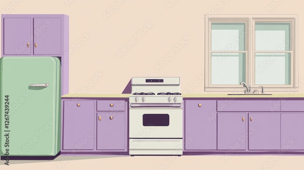 Fototapeta premium Retro Kitchen Interior Design; Calm, Classic Style. Possible Use Stock photo for interior design, kitchen remodeling, or home decor