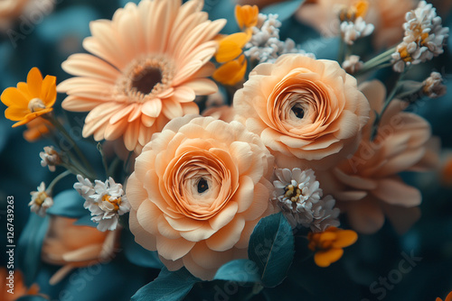 Peach hued floral arrangement with soft shadows and delicate details
