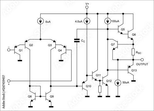 Schematic diagram of analog electronic device 
on white paper sheet. Vector drawing electrical circuit with 
transistor, capacitor, resistor, other components.