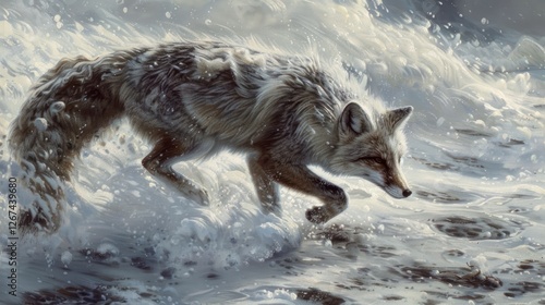 A cunning arctic fox hunting, moving gracefully across a snowy expanse, photo