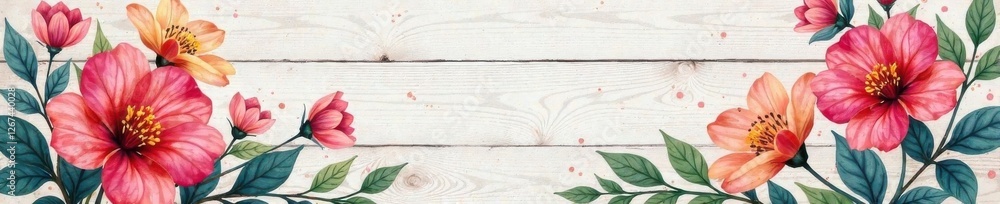Postcard with watercolor flowers on a wooden background, serene, garden Postcard with watercolor flowers on a wooden background, serene, garden