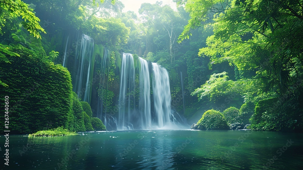 Immersive Tropical Rainforest Scenery with Cascading Waterfalls: A Vibrant Background Image Featuring Lush Vegetation, Misty Jungles, and Exotic Wildlife for Nature-Inspired Design, Eco-Tourism Campai Immersive Tropical Rainforest Scenery with Cascading Waterfalls: A Vibrant Background Image Featuring Lush Vegetation, Misty Jungles, and Exotic Wildlife for Nature-Inspired Design, Eco-Tourism Campai