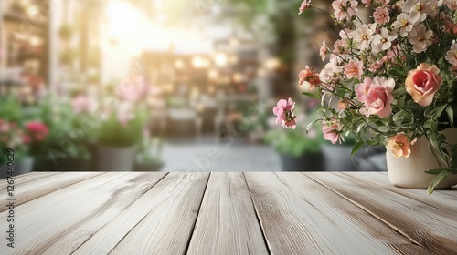 Empty wooden table with flower vase over blurred flower shop background presenting a beautiful display for products