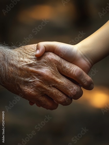 An elderly person's wrinkled hand gently holds the small, smooth hand of a child, symbolizing generational connection, love, and support. photo