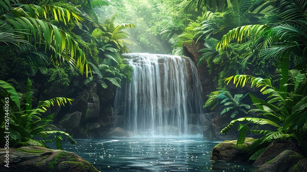 Immersive Tropical Rainforest Scenery with Cascading Waterfalls: A Vibrant Background Image Featuring Lush Vegetation, Misty Jungles, and Exotic Wildlife for Nature-Inspired Design, Eco-Tourism Campai Immersive Tropical Rainforest Scenery with Cascading Waterfalls: A Vibrant Background Image Featuring Lush Vegetation, Misty Jungles, and Exotic Wildlife for Nature-Inspired Design, Eco-Tourism Campai