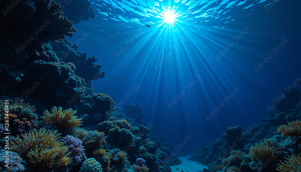Fototapeta premium Sunlight streams through the surface of the ocean, illuminating a vibrant underwater landscape filled with colorful corals and diverse marine life