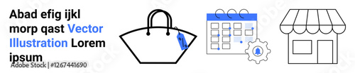 Black shopping bag with tag, calendar with gear icon, and storefront illustration. Ideal for retail, sales planning, e-commerce, scheduling, logistics, small business and marketing flat landing page