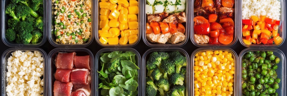 Colorful meal prep showcasing nutritious containers filled with lean proteins, fresh vegetables, and wholesome grains Colorful meal prep showcasing nutritious containers filled with lean proteins, fresh vegetables, and wholesome grains