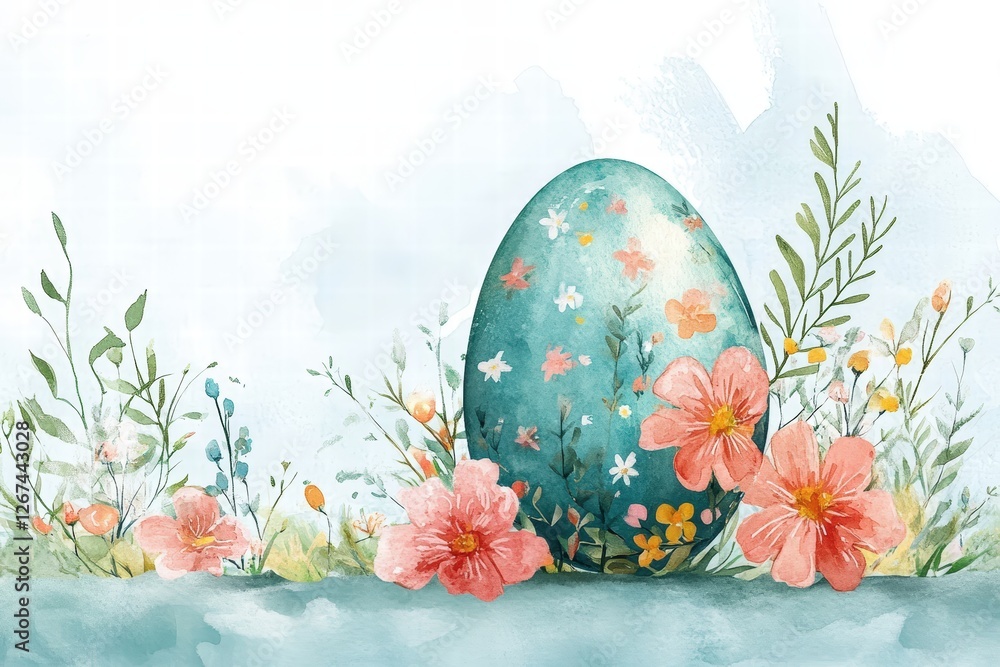 watercolor postcard featuring a large Easter egg with delicate floral patterns and soft brush strokes