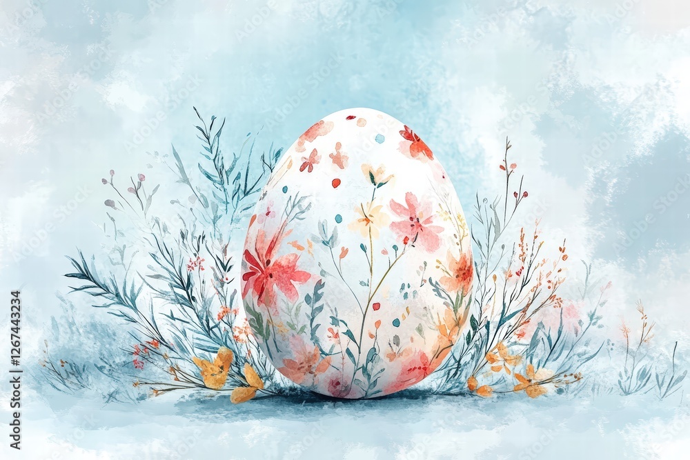 watercolor postcard featuring a large Easter egg with delicate floral patterns and soft brush strokes