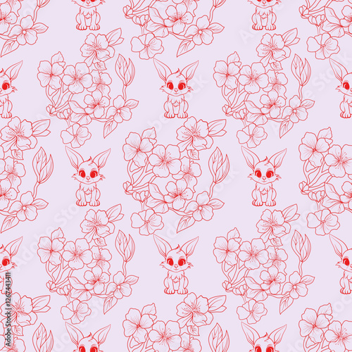 Cute Bunny and Flowers Pattern: Seamless pattern design featuring adorable bunnies nestled amongst delicate flowers, perfect for textile prints, wallpapers, and other design projects.