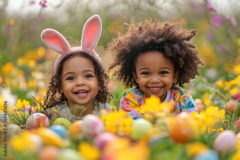 Two joyful African American children, one boy and one girl, laughing as they search for Easter eggs