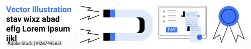 Magnet pulling in a payment form, documents, lines, and a medal icon. Ideal for customer acquisition, financial success, online transactions, rewards, digital marketing conversion rate optimization