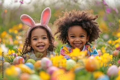 Obraz na płótnie Two joyful African American children, one boy and one girl, laughing as they search for Easter eggs w salonie