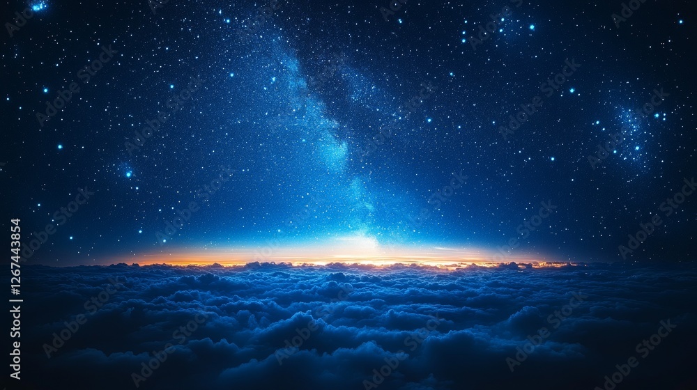 Starry night sky above a sea of clouds at sunrise. Starry night sky above a sea of clouds at sunrise.