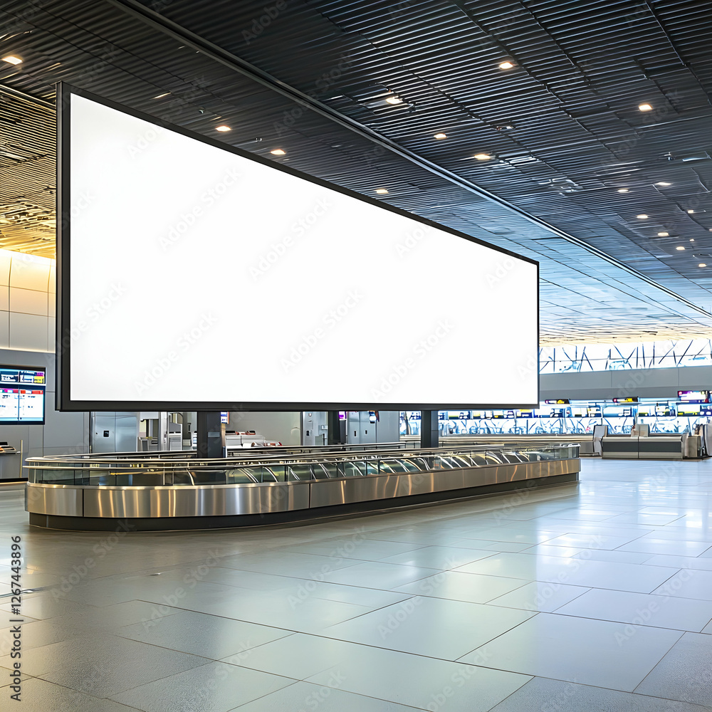 Wide-angle shot of a large blank billboard at a modern airport baggage area near the central carousel. Wide-angle shot of a large blank billboard at a modern airport baggage area near the central carousel.