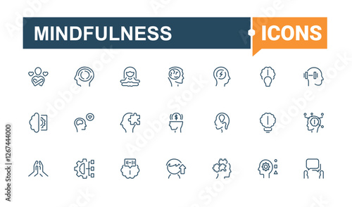 Mindfulness collection. Includes icons for mental, emotion, body, psychology, stress, personal, mind, therapy. Thin icon. Minimalist editable vector stroke.