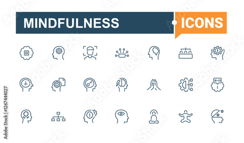 Mindfulness collection. Includes icons for mental, emotion, body, psychology, stress, personal, mind, therapy. Thin icon. Minimalist editable vector stroke.