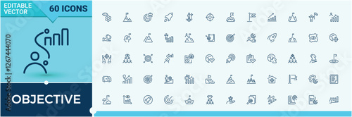 Objective icon collection. Includes thin line diamond, Mission, vision, achieve, binoculars, rocket, flag, business and more. Line symbol. Editable stroke. Vector illustration.