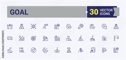 Goal icon set. Featuring vision, spyglass, businessman, mission, goal, business, target, corporate and more. Icon design. Editable stroke. Vector illustration.
