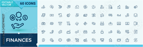Finances icons set in linear style. Includes icons for commerce, savings, change, money, finance, graph, pig, credit. Icons for design. Modern vector illustration.
