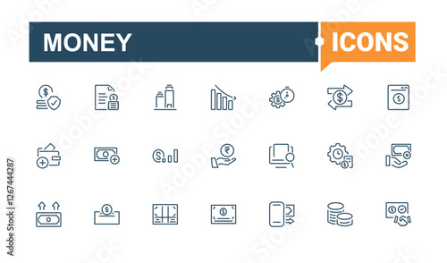 Money simple icon. Includes thin line savings, loan, paper, market, graph, growth, pig, exchange. Collection for mobile and web apps. Minimalist editable vector stroke.