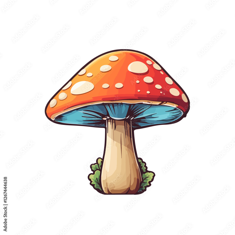 Clip Art illustration of a Vibrant red and orange mushroom with blue accents and green foliage in a whimsical illustration style Clip Art illustration of a Vibrant red and orange mushroom with blue accents and green foliage in a whimsical illustration style