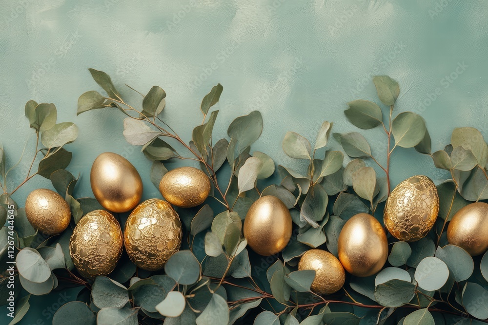 gold-painted Easter eggs scattered artfully around fresh eucalyptus sprigs