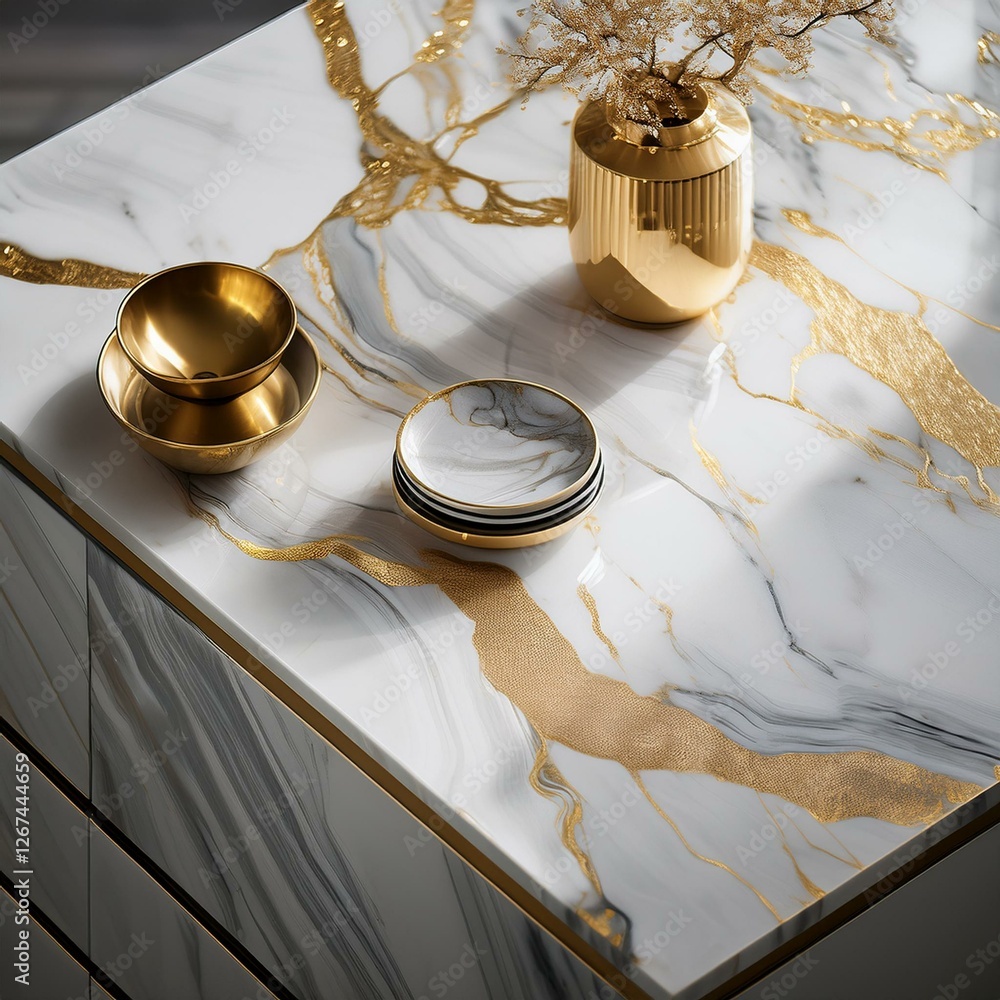 A close-up shot from above of a marble countertop with intricate, natural veining and decorative objects A close-up shot from above of a marble countertop with intricate, natural veining and decorative objects